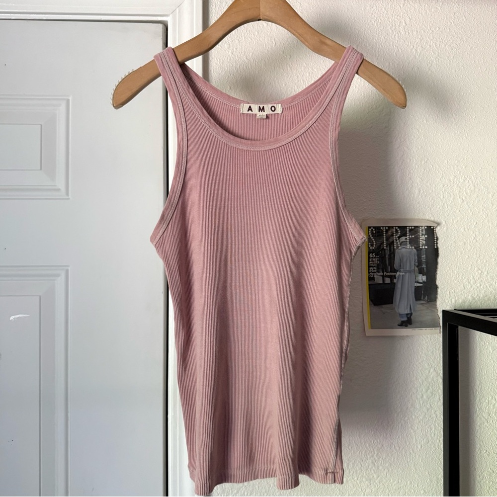 AMO pink mauve garment dyed rib ribbed scoop crew neck tank top